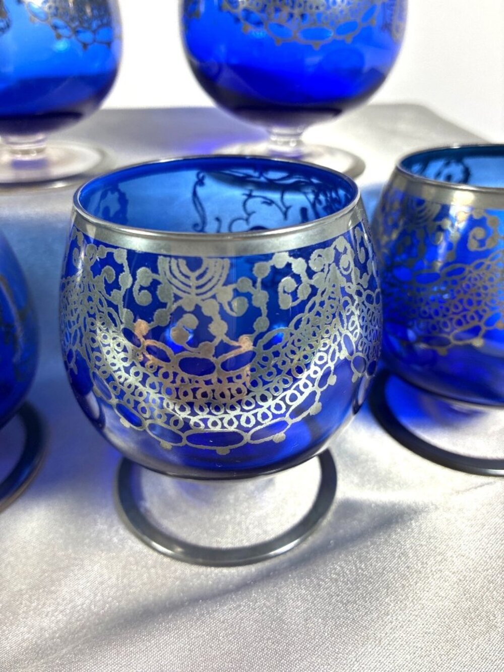 Vintage Cobalt Blue Silver Overlay Glasses Set of 5